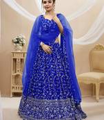 Blue Zari Sequins Embroidered Georgette Lehenga Choli For Wedding