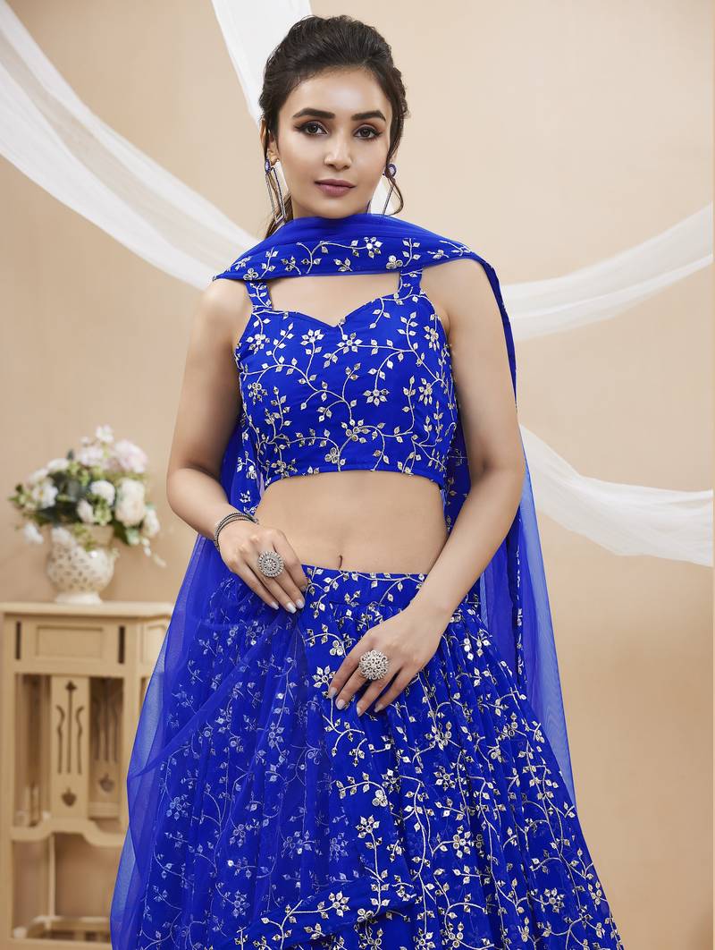 Blue Zari Sequins Embroidered Georgette Lehenga Choli For Wedding