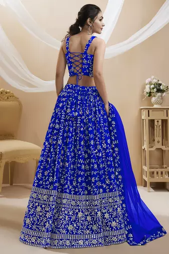 Blue Zari Sequins Embroidered Georgette Lehenga Choli For Wedding