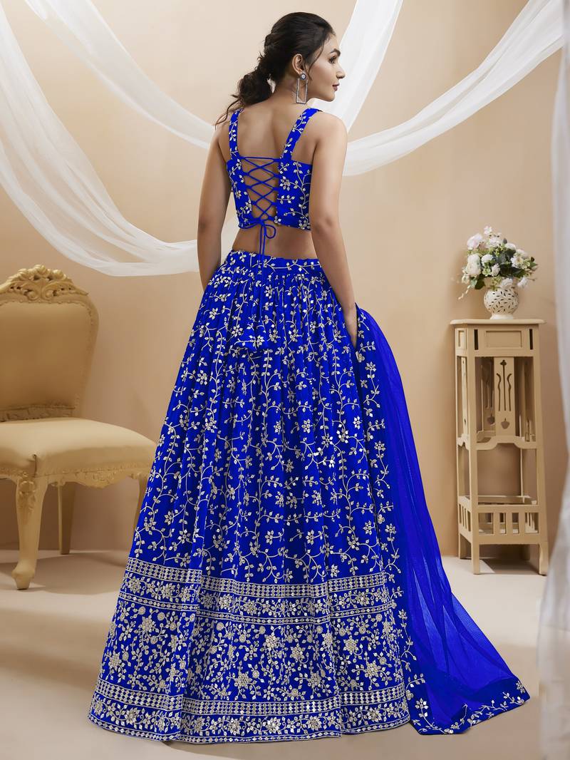 Blue Zari Sequins Embroidered Georgette Lehenga Choli For Wedding