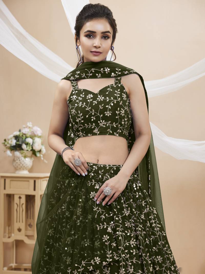 Green Zari Sequins Embroidered Georgette Lehenga Choli For Wedding