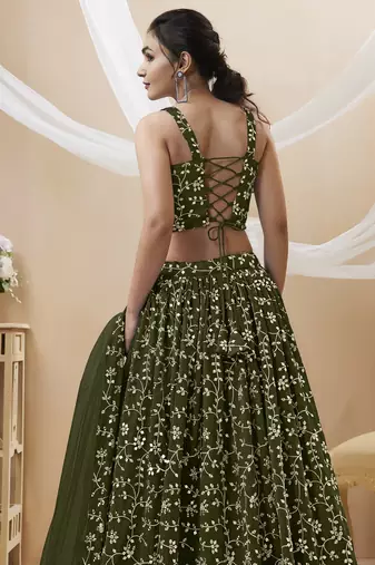 Green Zari Sequins Embroidered Georgette Lehenga Choli For Wedding