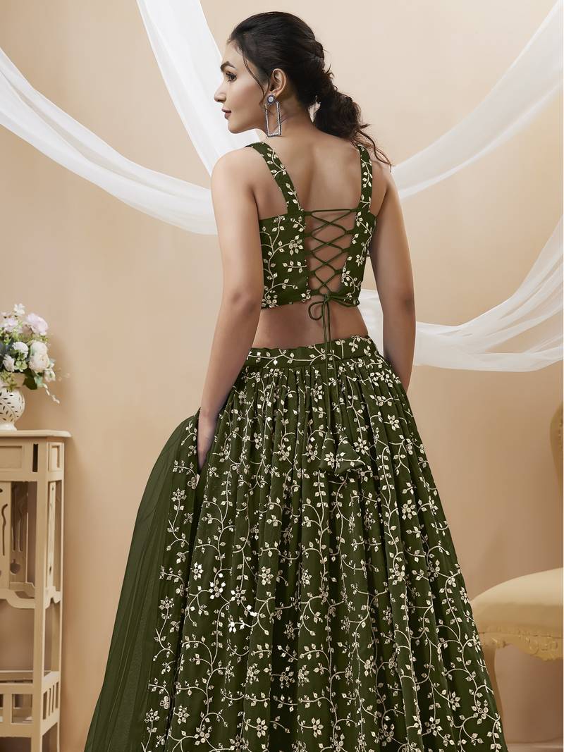 Green Zari Sequins Embroidered Georgette Lehenga Choli For Wedding