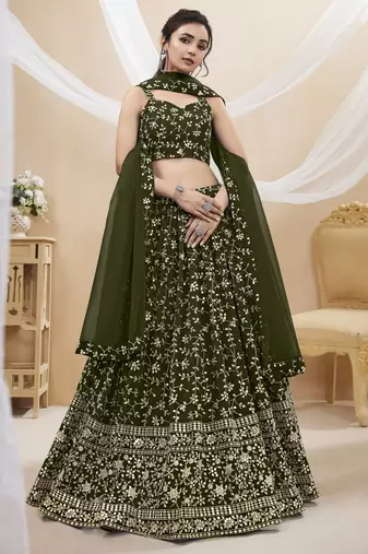 Green Zari Sequins Embroidered Georgette Lehenga Choli For Wedding