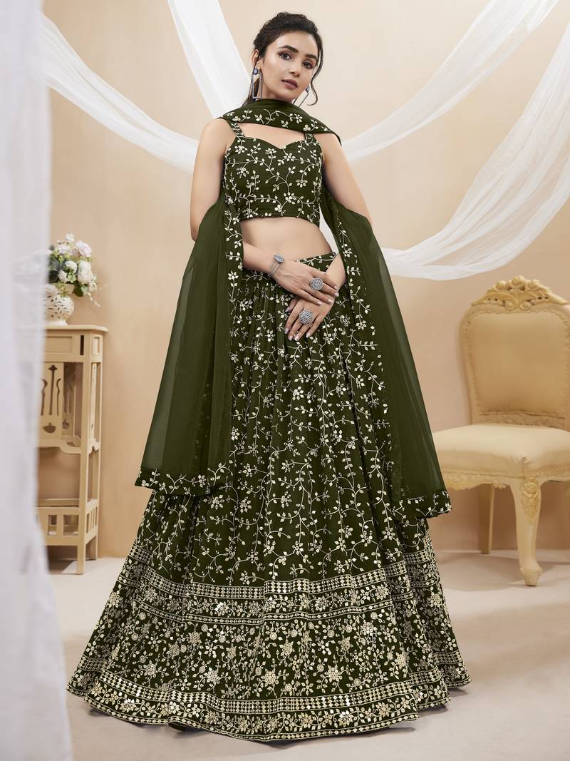 Green Zari Sequins Embroidered Georgette Lehenga Choli For Wedding