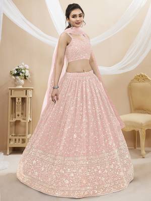 Pink Zari Sequins Embroidered Georgette Lehenga Choli For Wedding 1