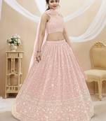 Pink Zari Sequins Embroidered Georgette Lehenga Choli For Wedding