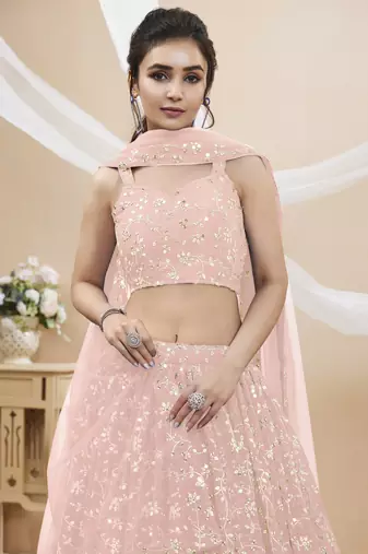 Pink Zari Sequins Embroidered Georgette Lehenga Choli For Wedding