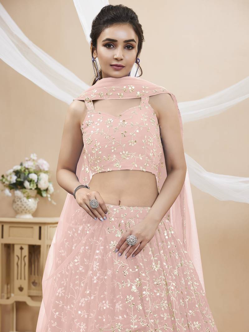Pink Zari Sequins Embroidered Georgette Lehenga Choli For Wedding
