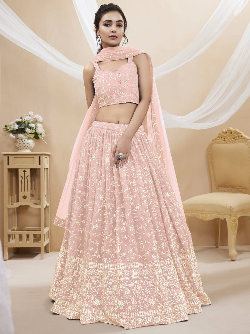 Pink Zari Sequins Embroidered Georgette Lehenga Choli For Wedding