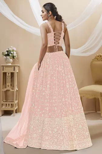 Pink Zari Sequins Embroidered Georgette Lehenga Choli For Wedding