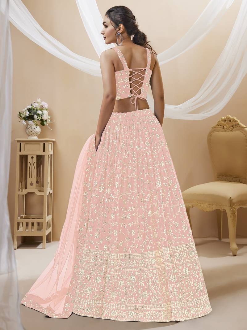 Pink Zari Sequins Embroidered Georgette Lehenga Choli For Wedding
