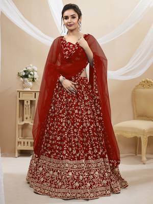 Red Zari Sequins Embroidered Georgette Lehenga Choli For Wedding 1