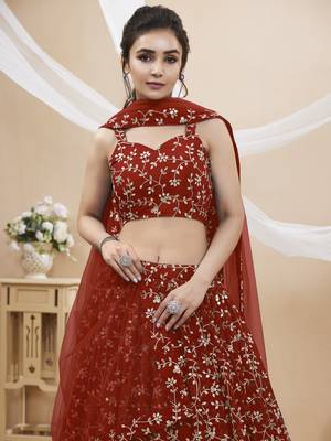Red Zari Sequins Embroidered Georgette Lehenga Choli For Wedding 2