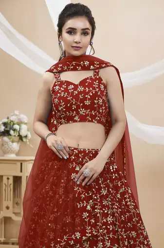 Red Zari Sequins Embroidered Georgette Lehenga Choli For Wedding