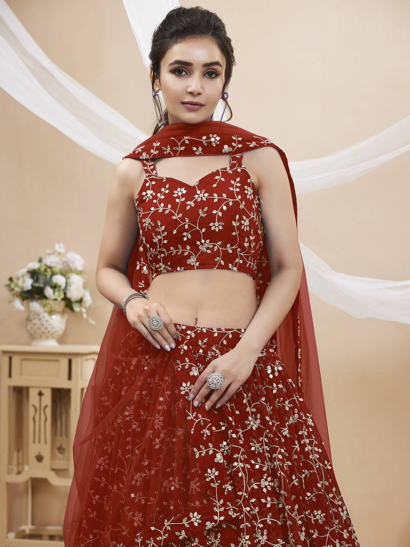 Red Zari Sequins Embroidered Georgette Lehenga Choli For Wedding