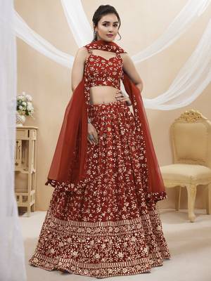 Red Zari Sequins Embroidered Georgette Lehenga Choli For Wedding 3