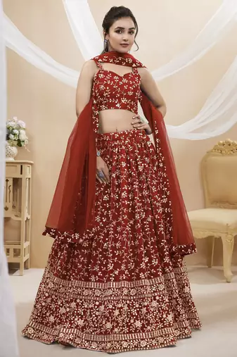 Red Zari Sequins Embroidered Georgette Lehenga Choli For Wedding