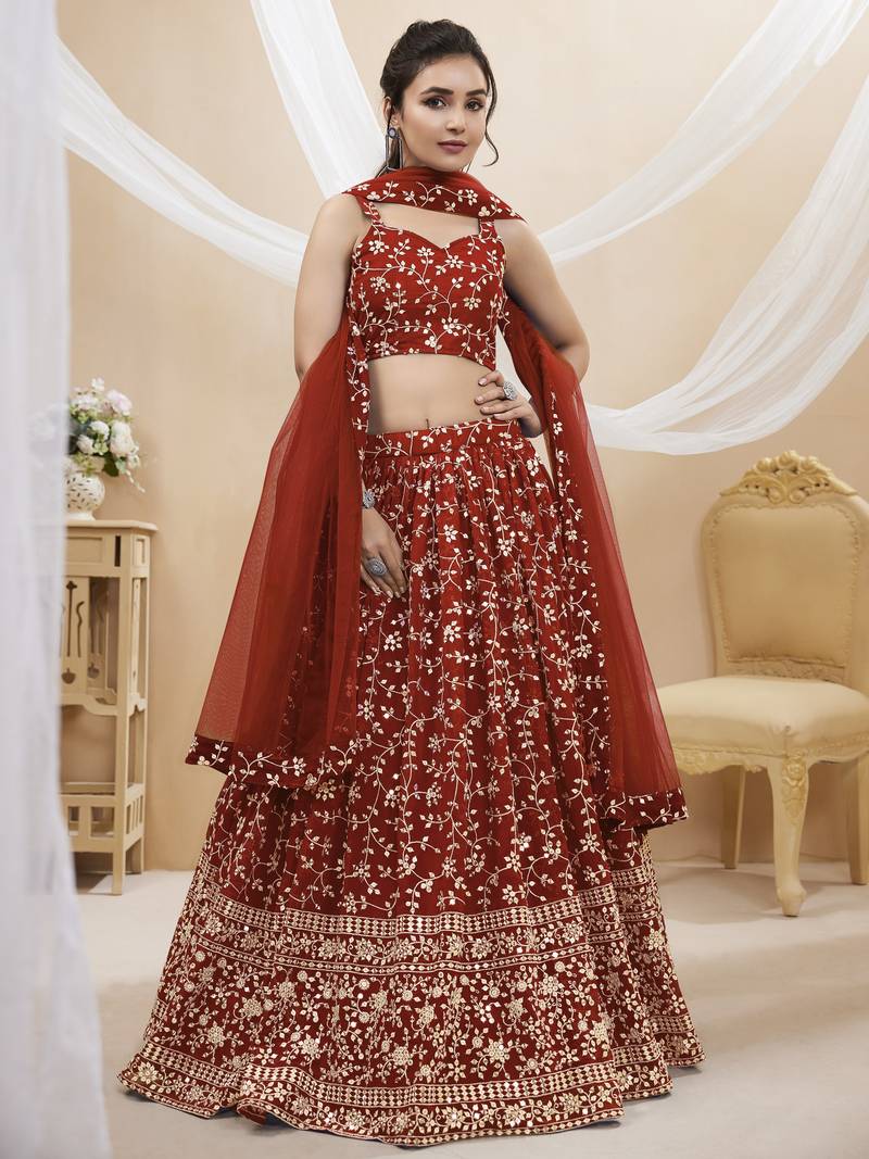 Red Zari Sequins Embroidered Georgette Lehenga Choli For Wedding