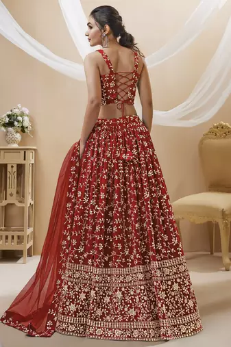 Red Zari Sequins Embroidered Georgette Lehenga Choli For Wedding
