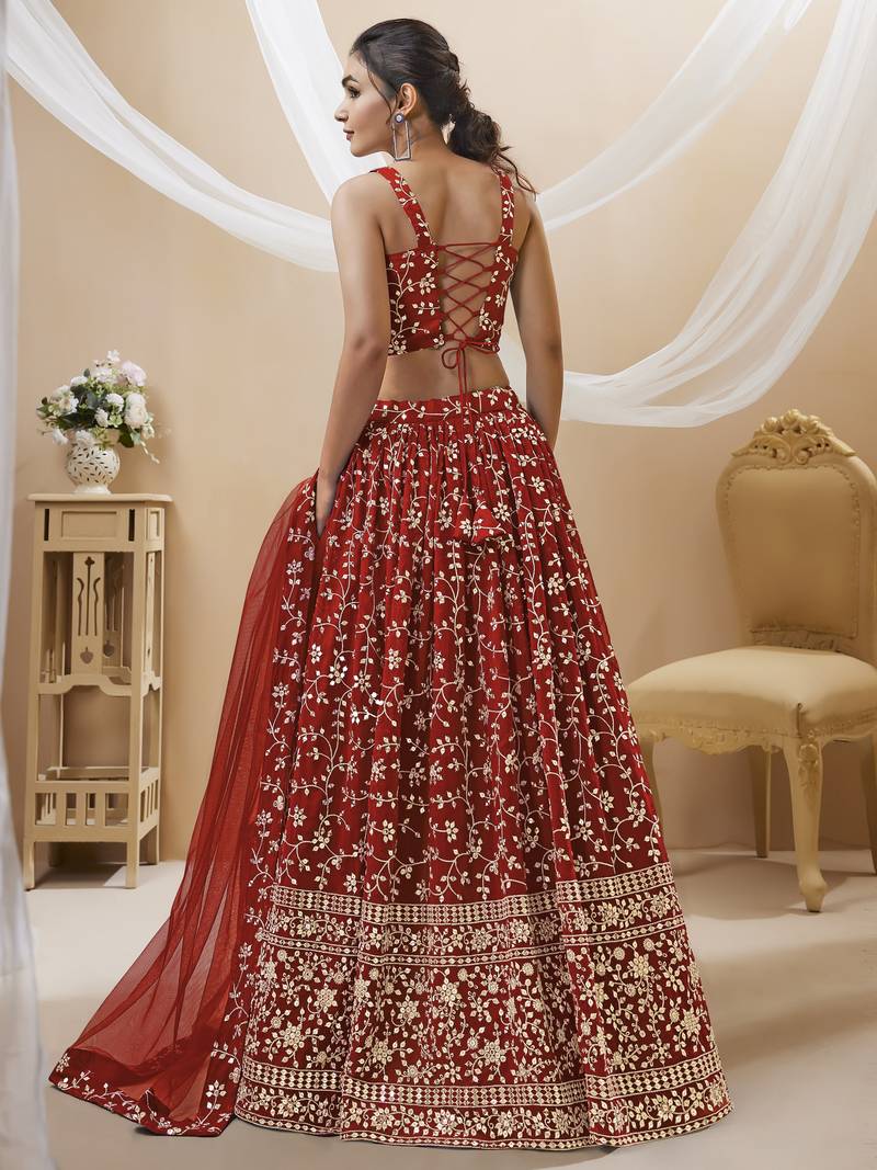 Red Zari Sequins Embroidered Georgette Lehenga Choli For Wedding