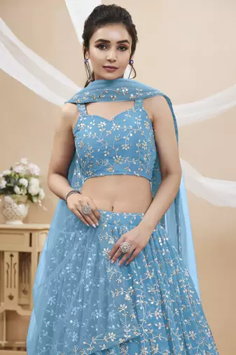 Sky Blue Georgette Embroidered Lehenga Choli