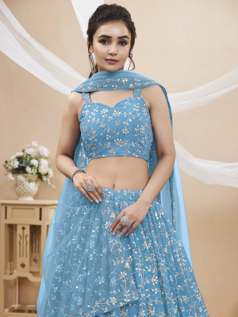 Sky Blue Georgette Embroidered Lehenga Choli