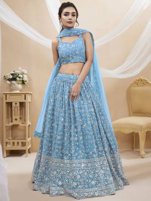 Sky Blue Georgette Embroidered Lehenga Choli 3