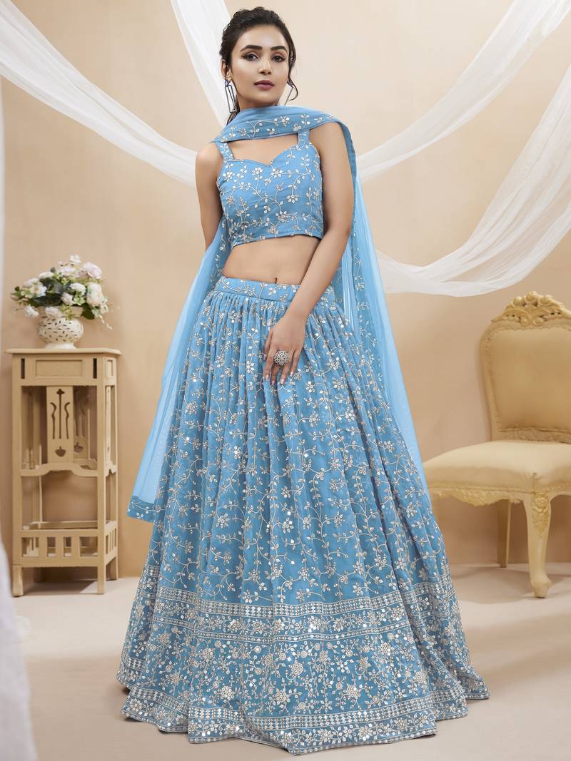 Sky Blue Georgette Embroidered Lehenga Choli