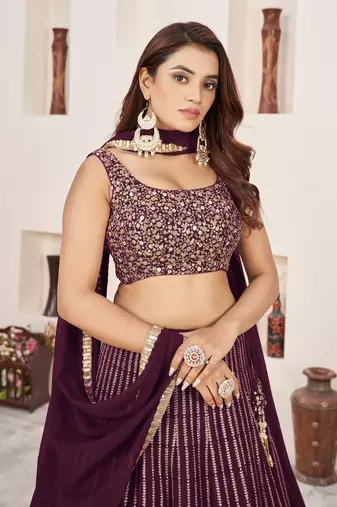 Maroon Zari Sequins Embroidered Georgette fabric indian designer wedding lehenga choli