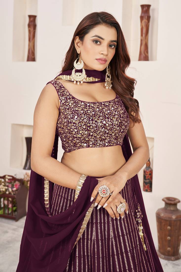 Maroon Zari Sequins Embroidered Georgette fabric indian designer wedding lehenga choli