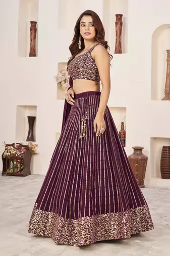 Maroon Zari Sequins Embroidered Georgette fabric indian designer wedding lehenga choli