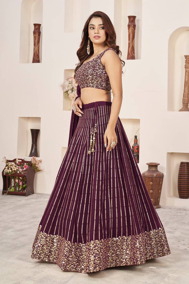 Maroon Zari Sequins Embroidered Georgette fabric indian designer wedding lehenga choli