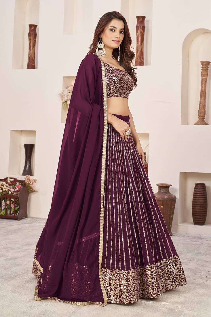 Maroon Zari Sequins Embroidered Georgette fabric indian designer wedding lehenga choli