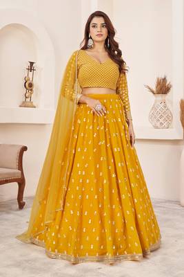 Yellow Zari Sequins Embroidered Georgette indian wedding lehenga dress latest design 1