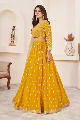 Yellow Zari Sequins Embroidered Georgette indian wedding lehenga dress latest design