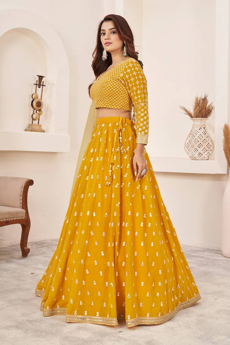 Yellow Zari Sequins Embroidered Georgette indian wedding lehenga dress latest design