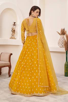 Yellow Zari Sequins Embroidered Georgette indian wedding lehenga dress latest design 4