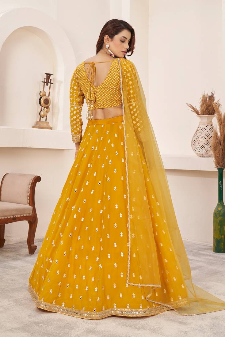 Yellow Zari Sequins Embroidered Georgette indian wedding lehenga dress latest design