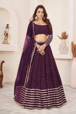 Wine Zari Sequins Embroidered Georgette Designer Wedding Lehenga Choli 1