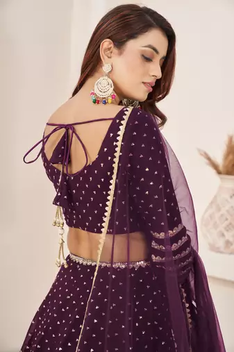 Wine Zari Sequins Embroidered Georgette Designer Wedding Lehenga Choli