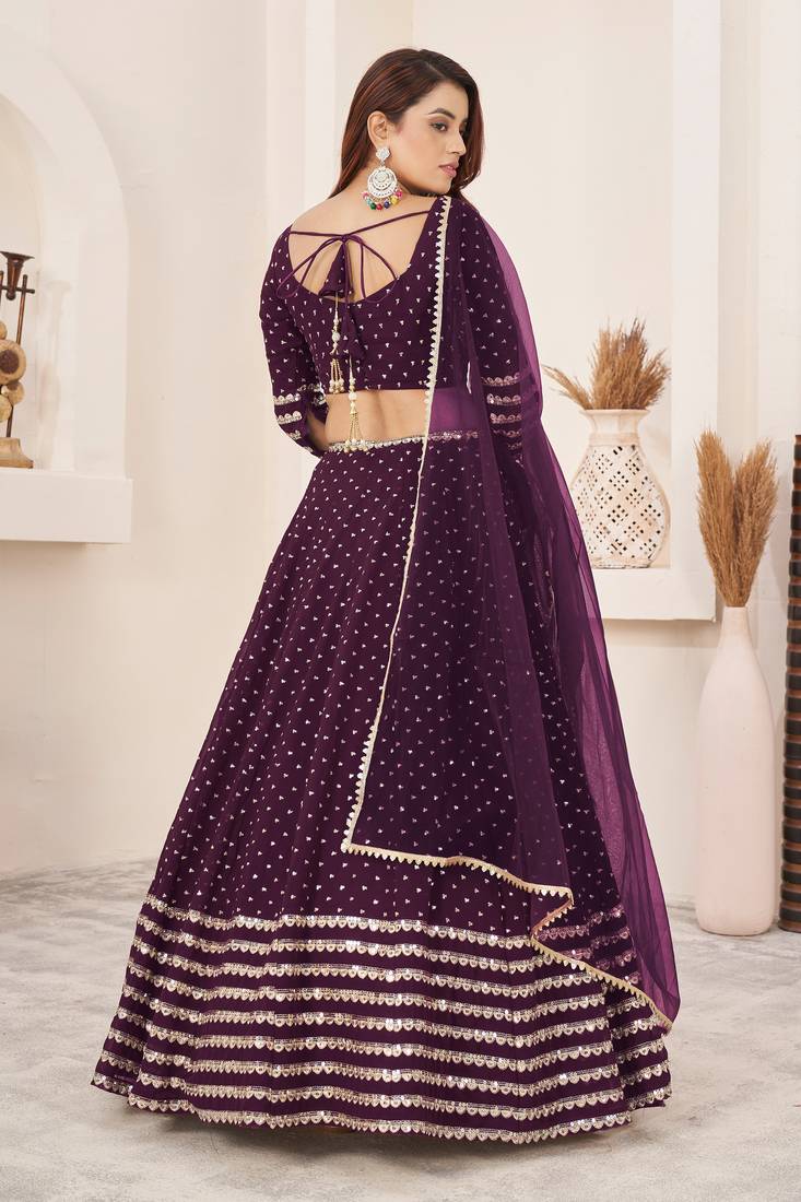 Wine Zari Sequins Embroidered Georgette Designer Wedding Lehenga Choli