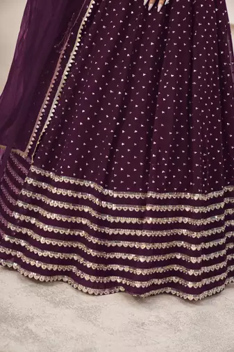 Wine Zari Sequins Embroidered Georgette Designer Wedding Lehenga Choli