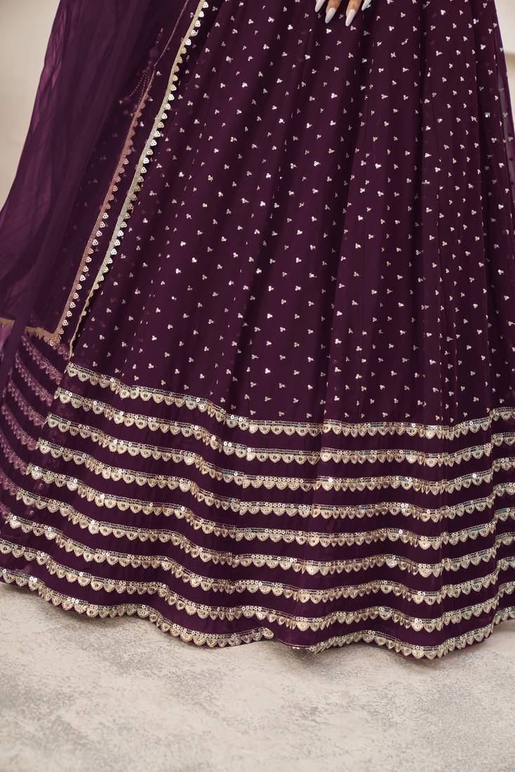 Wine Zari Sequins Embroidered Georgette Designer Wedding Lehenga Choli