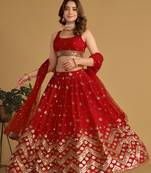 Red Zari Sequins Embroidered Georgette Designer Wedding Lehenga Choli
