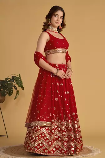 Red Zari Sequins Embroidered Georgette Designer Wedding Lehenga Choli
