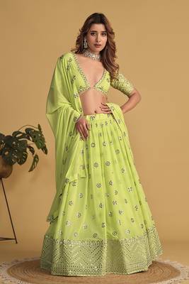 Green Georgette Sequins Work Lehenga Choli with Embroidered Net Dupatta 1