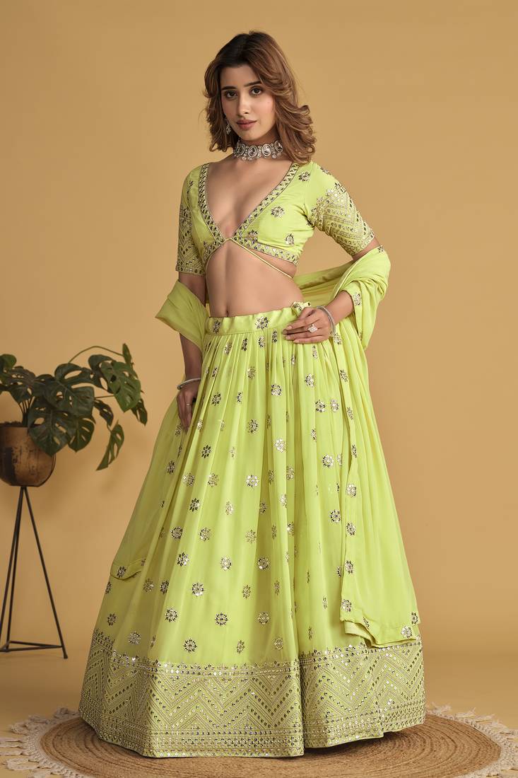 Green Georgette Sequins Work Lehenga Choli with Embroidered Net Dupatta