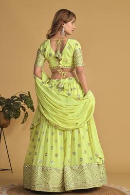 Green Georgette Sequins Work Lehenga Choli with Embroidered Net Dupatta 4