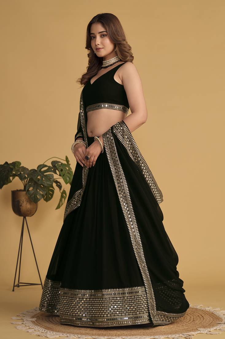 Black Zari Sequins Embroidered Georgette Designer Party Wear Lehenga Choli